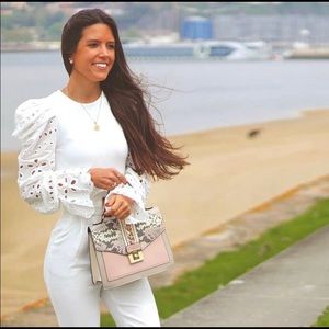 Zara contrast sleeve embroidered sweater top white NWT